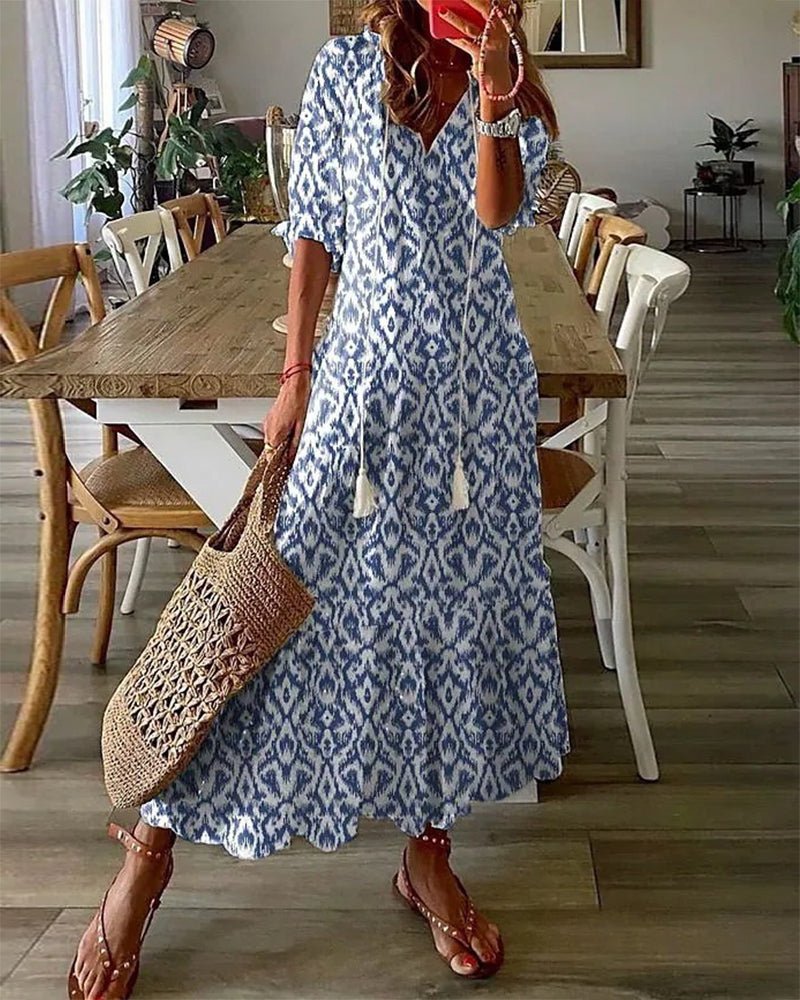 Women's Flattering Bohemian A-Line Maxi Dress in Blue