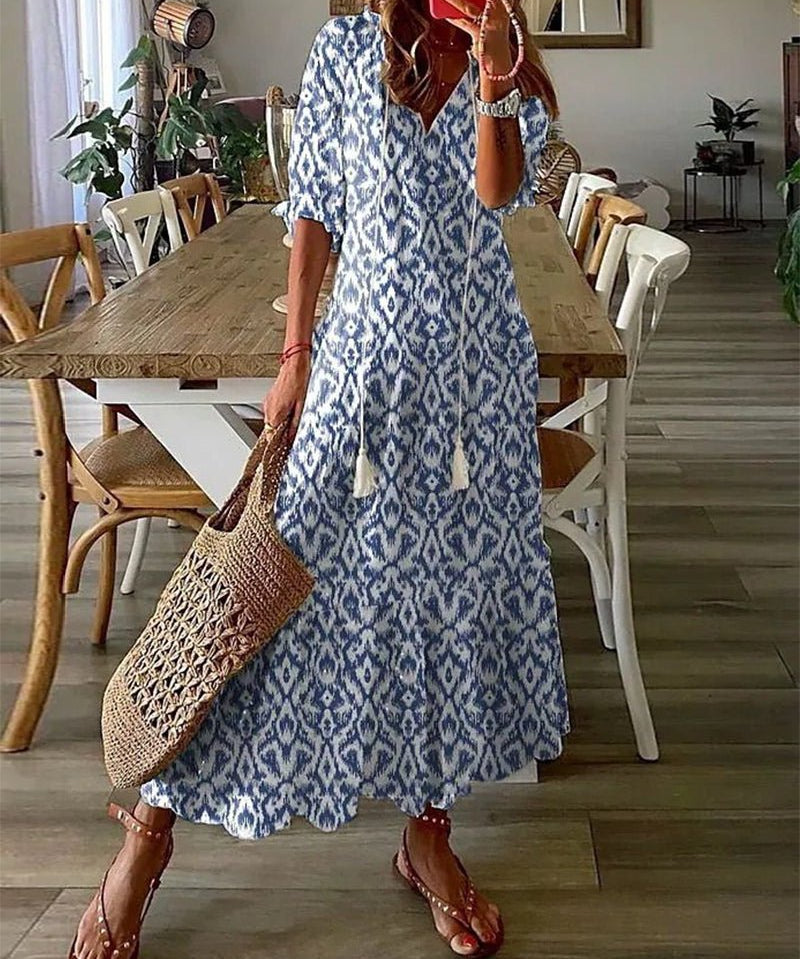 Women's Flattering Bohemian A-Line Maxi Dress in Blue