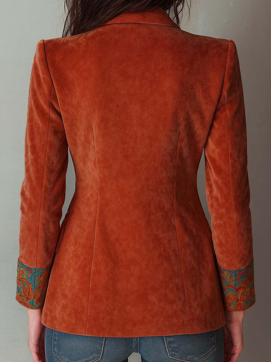 Retro Contrast Color Polyester Velvet Printed Blazer