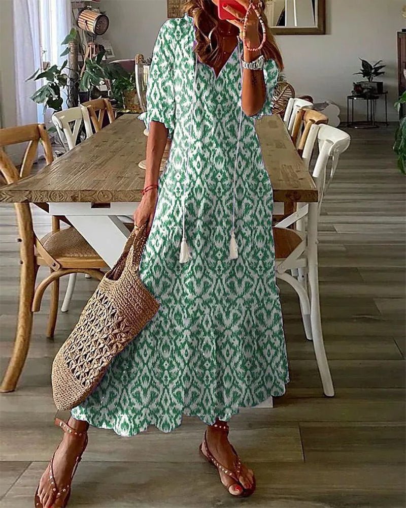 Women's Flattering Bohemian A-Line Maxi Dress in Green