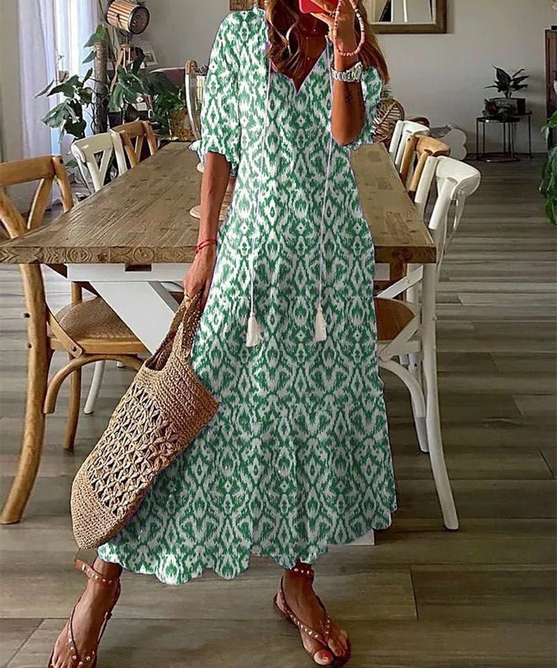 Women's Flattering Bohemian A-Line Maxi Dress in Green