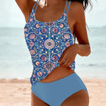 Women's Vintage Floral Print Tankini Set in Blue