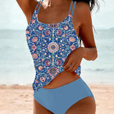 Women's Vintage Floral Print Tankini Set in Blue