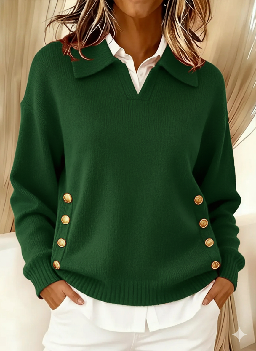 Women's Polo Collar Sweater with Gold Buttons in Green