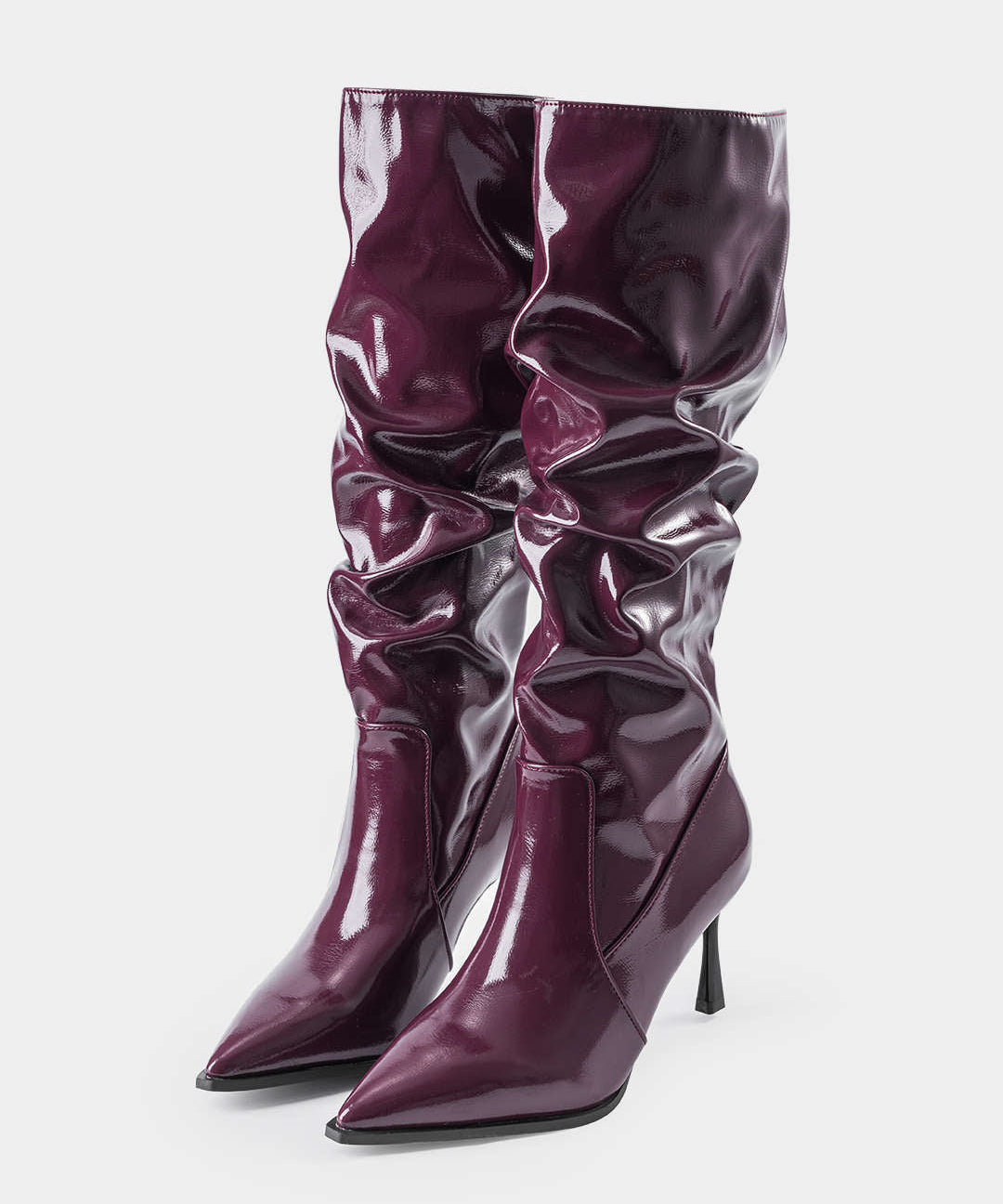 Pleated Faux Leather Pointed Toe Boots in Bordeaux