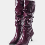 Pleated Faux Leather Pointed Toe Boots in Bordeaux