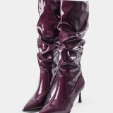Pleated Faux Leather Pointed Toe Boots in Bordeaux