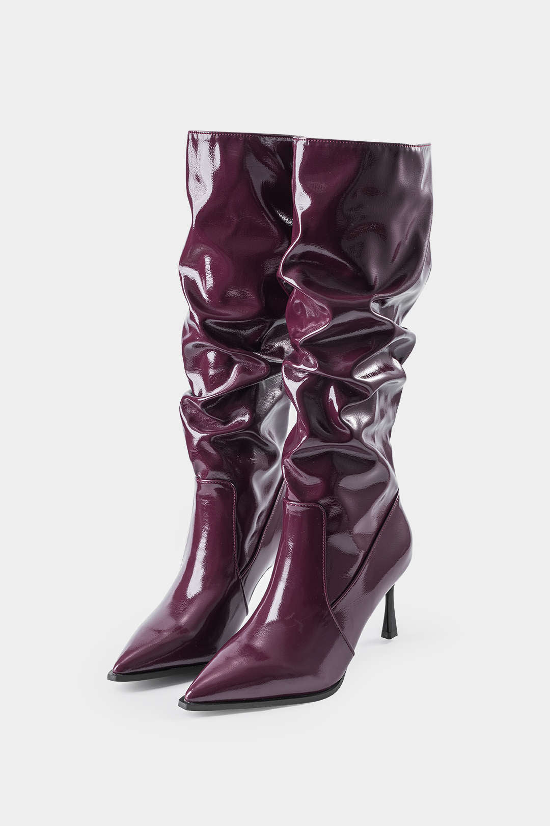Pleated Faux Leather Pointed Toe Boots in Bordeaux