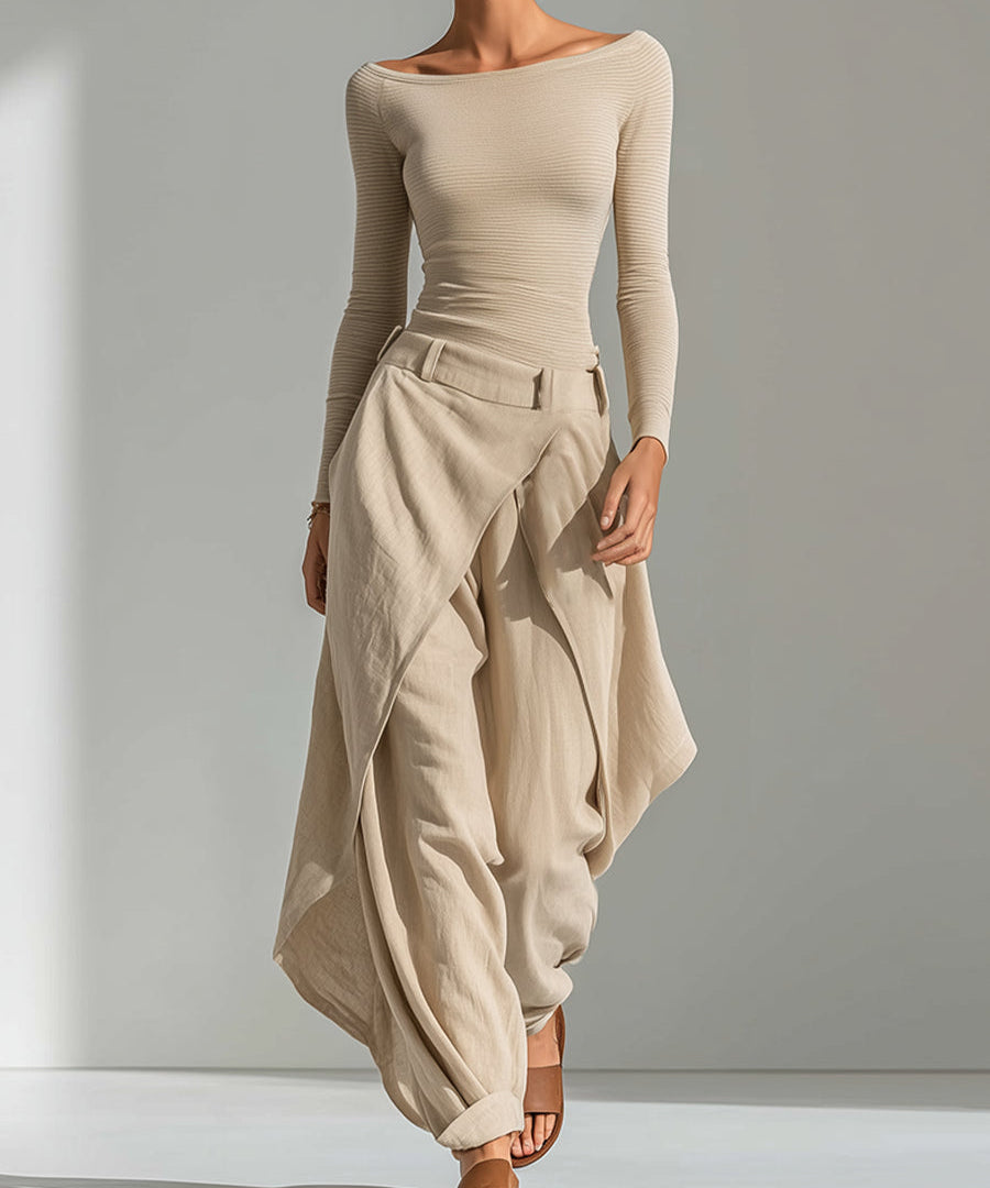 Beige Boat-Neck Top & Ruffle Pants Set