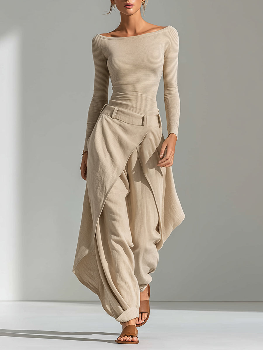 Beige Boat-Neck Top & Ruffle Pants Set