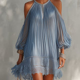 Women's Blue Off-Shoulder Ruffled Mini Dress