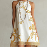 White Lace Mini Dress with Gold Pattern