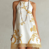 White Lace Mini Dress with Gold Pattern
