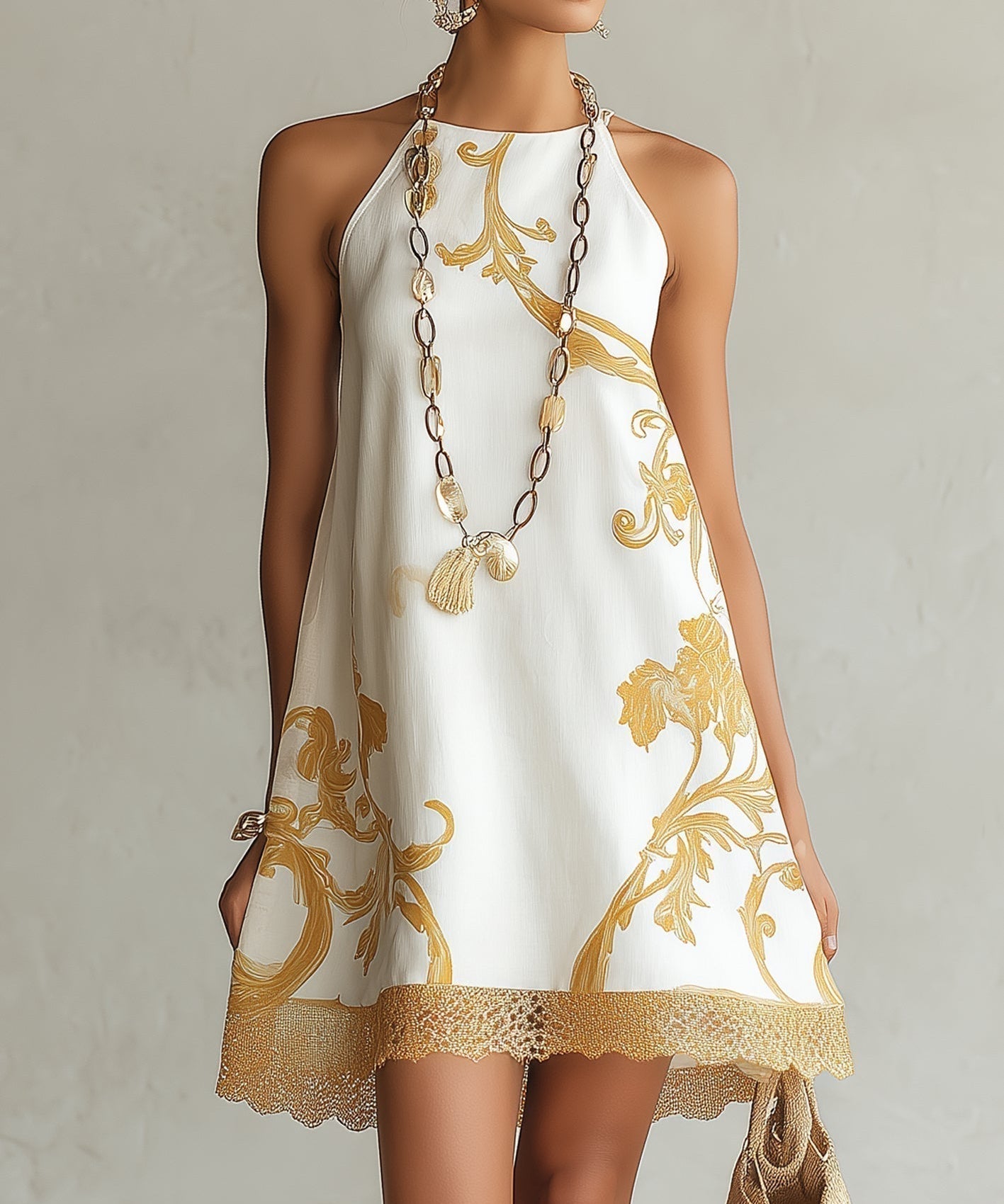 White Lace Mini Dress with Gold Pattern