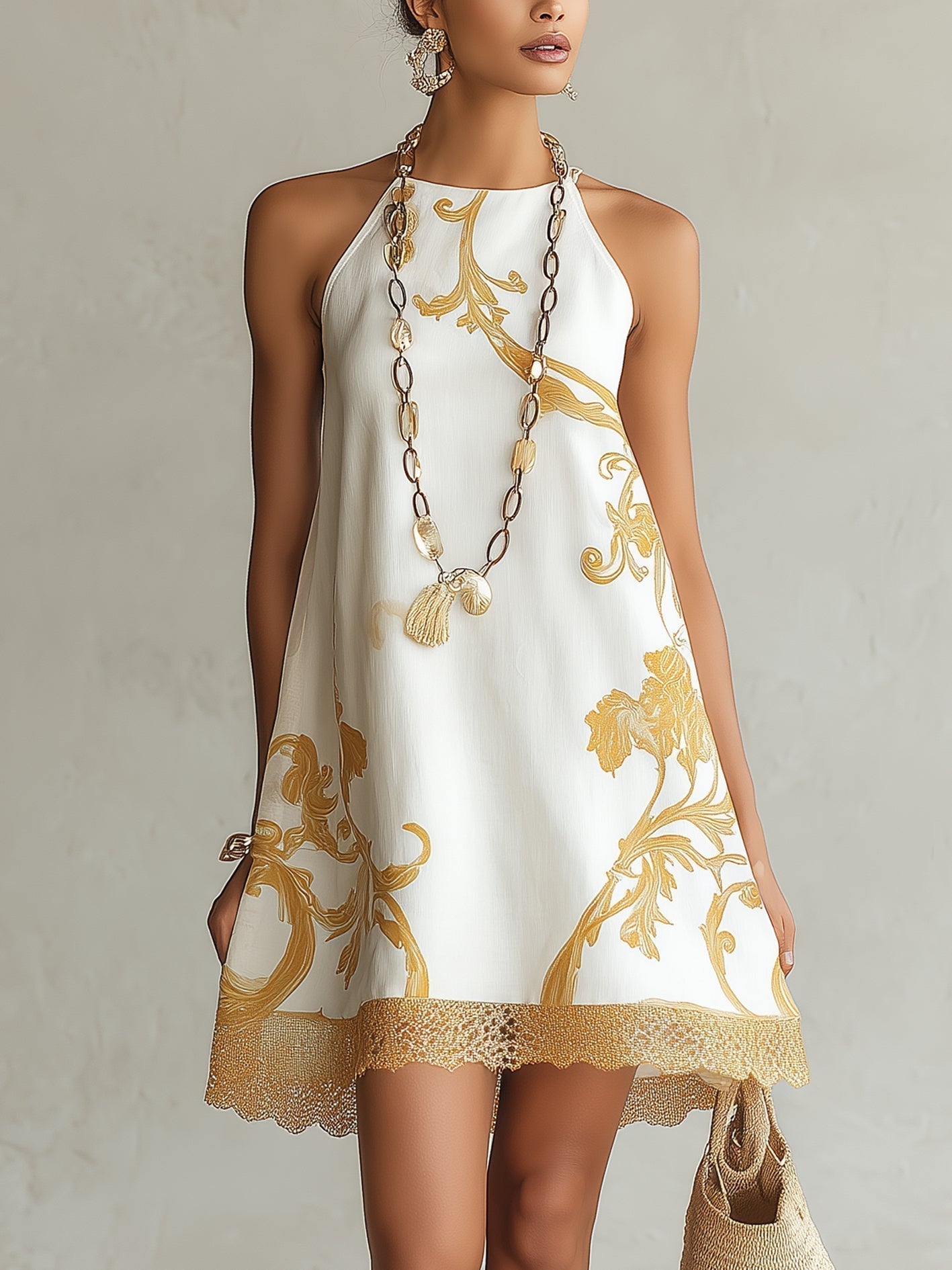 White Lace Mini Dress with Gold Pattern