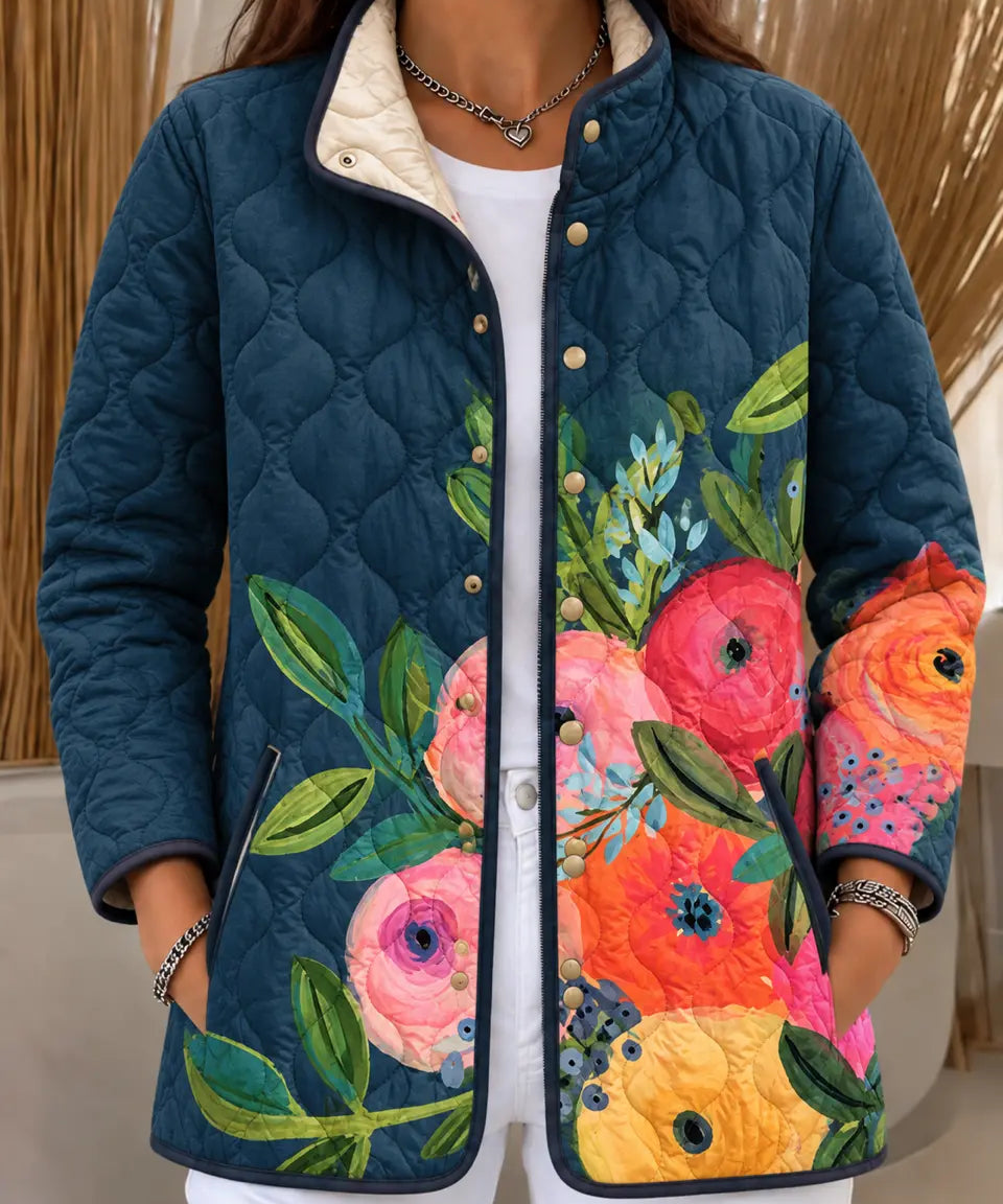 Blue Quilted Jacket with Painted Florals