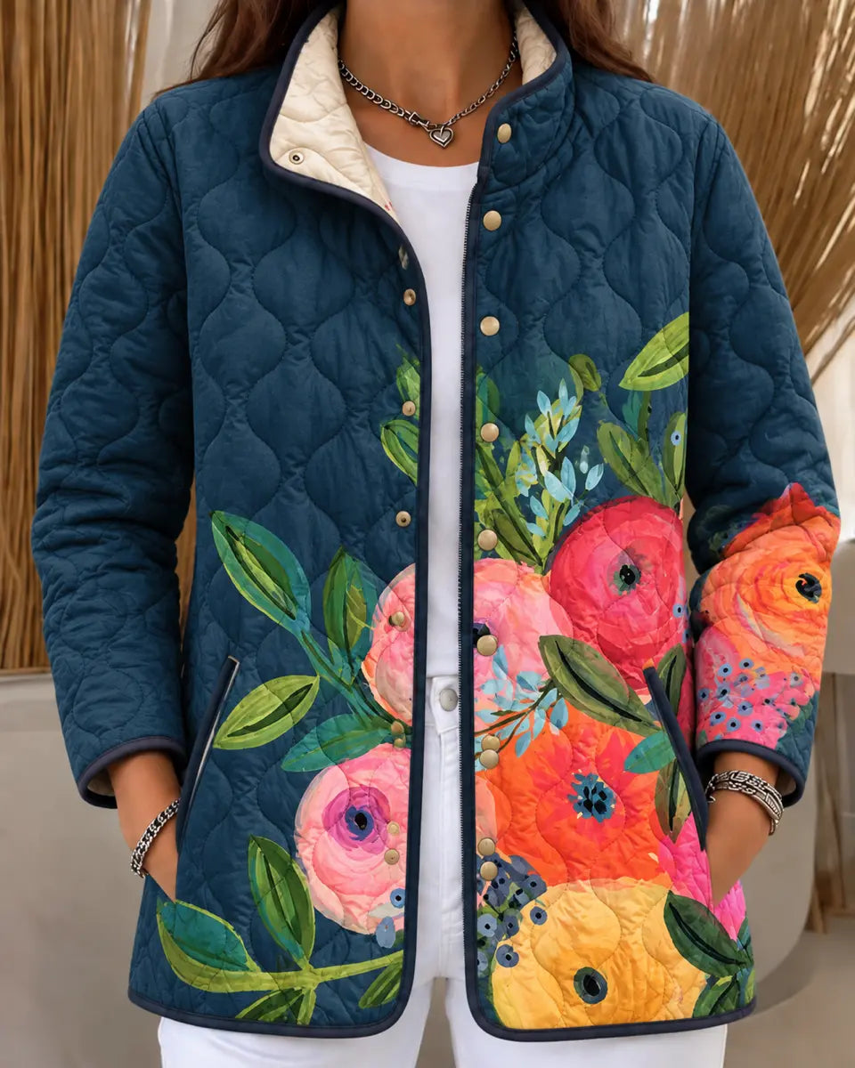 Blue Quilted Jacket with Painted Florals