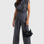 Asymmetrical Set with Draped Shoulders and Flared Pants in Gray