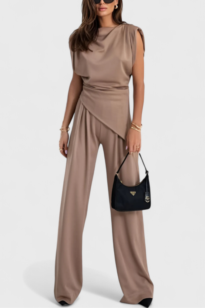 Asymmetrical Set with Draped Shoulders and Flared Pants