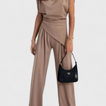 Asymmetrical Set with Draped Shoulders and Flared Pants