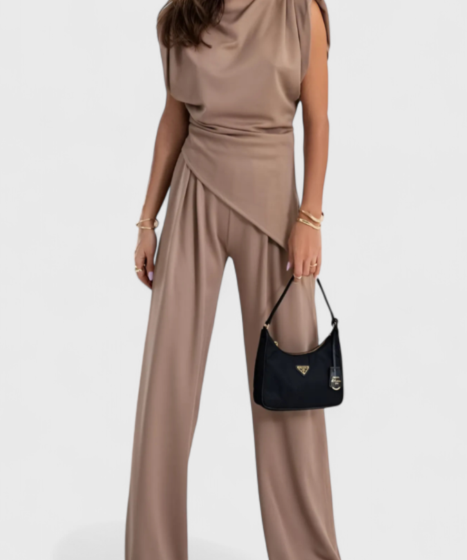 Asymmetrical Set with Draped Shoulders and Flared Pants