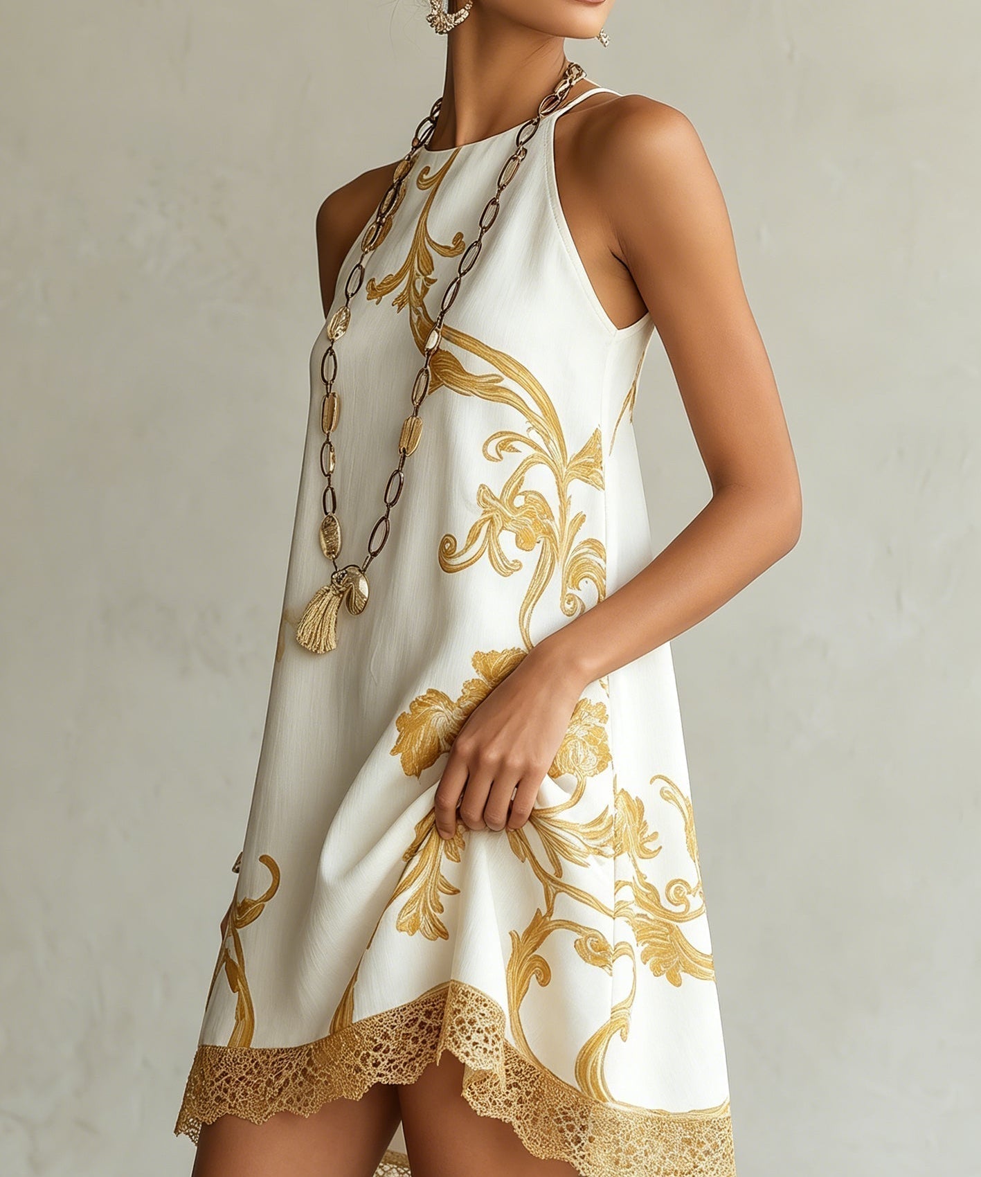 White Lace Mini Dress with Gold Pattern, photo 2