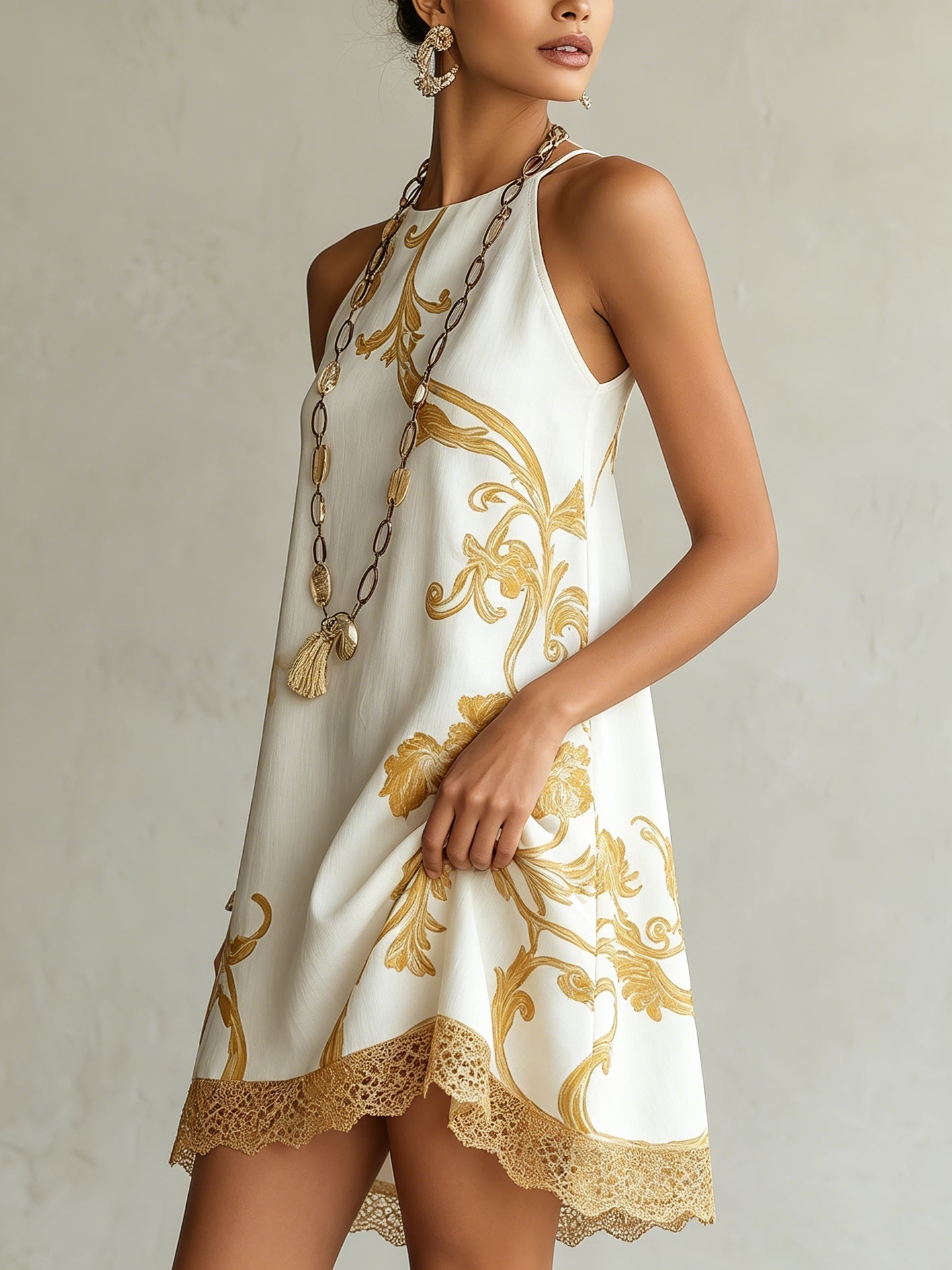 White Lace Mini Dress with Gold Pattern, photo 2