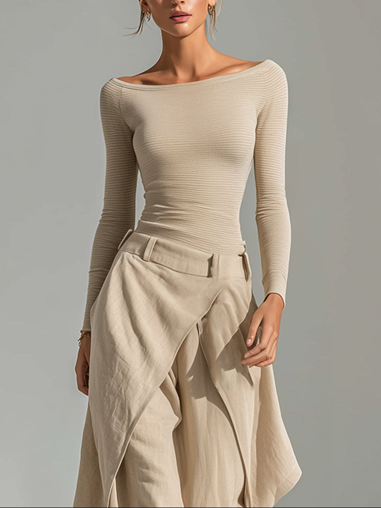 Women's Beige Boat-Neck Top & Wide Pants Set, photo 3