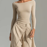 Women's Beige Boat-Neck Top & Wide Pants Set, photo 3