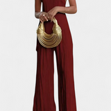 Halter Neck Asymmetrical Top with Wide-Leg Pants Set in Burgundy