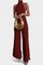 Halter Neck Asymmetrical Top with Wide-Leg Pants Set in Burgundy