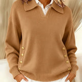 Women's Polo Collar Sweater with Gold Buttons in Khaki