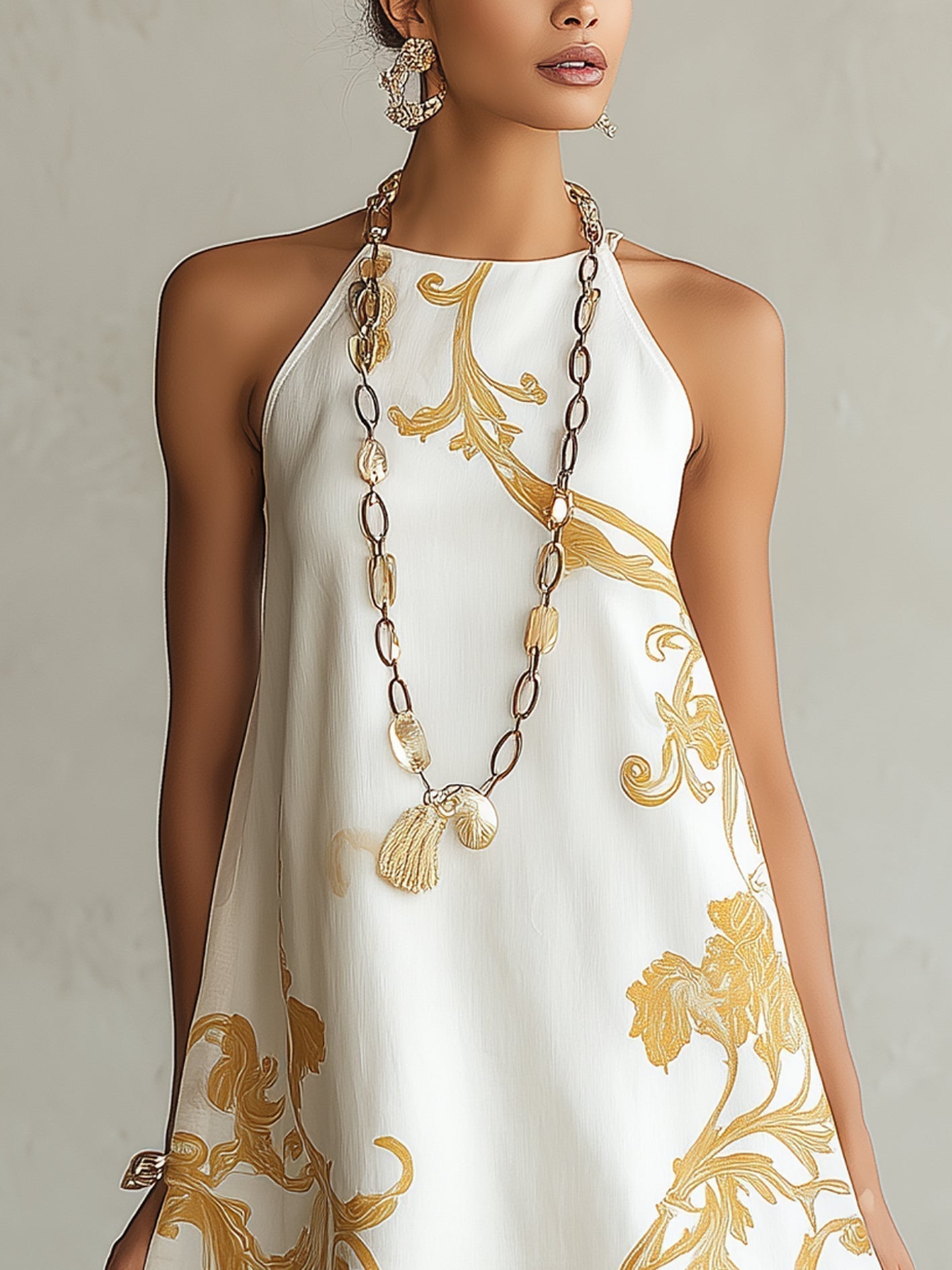 White Lace Mini Dress with Gold Pattern, photo 3