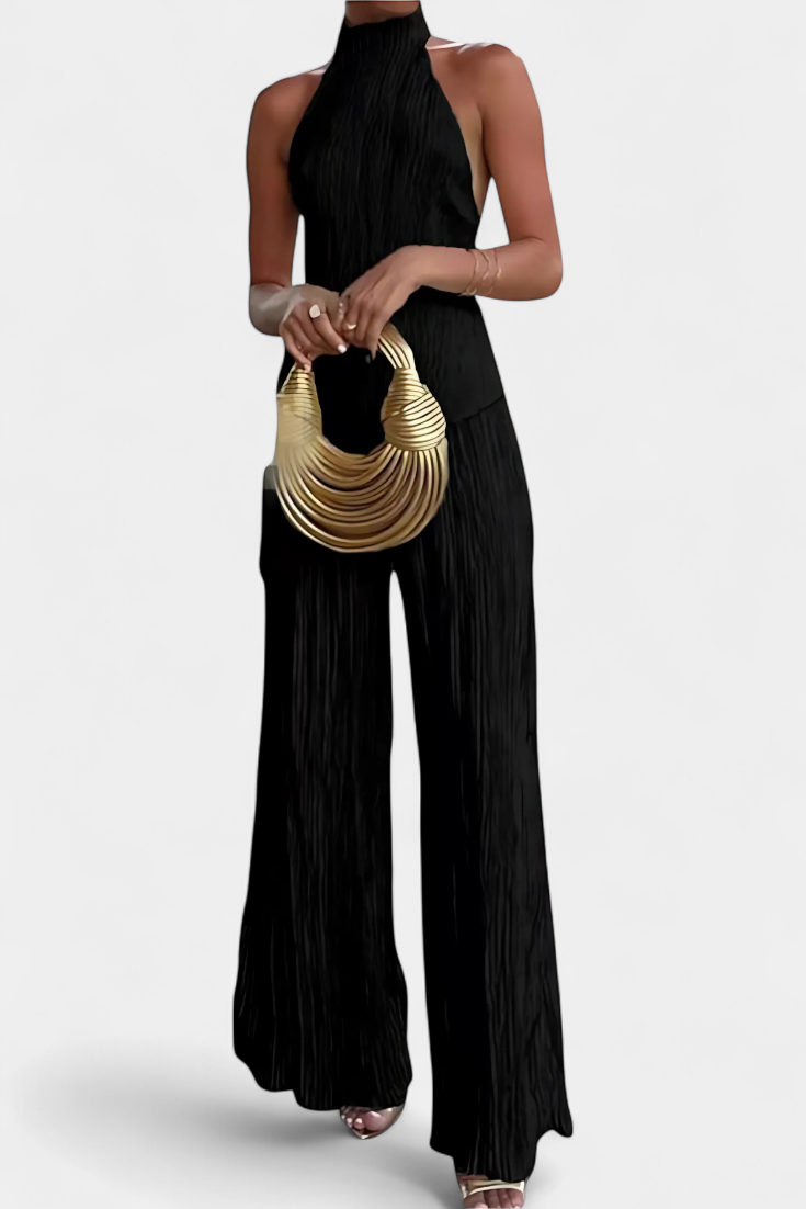 Halter Neck Asymmetrical Top with Wide-Leg Pants Set in Black