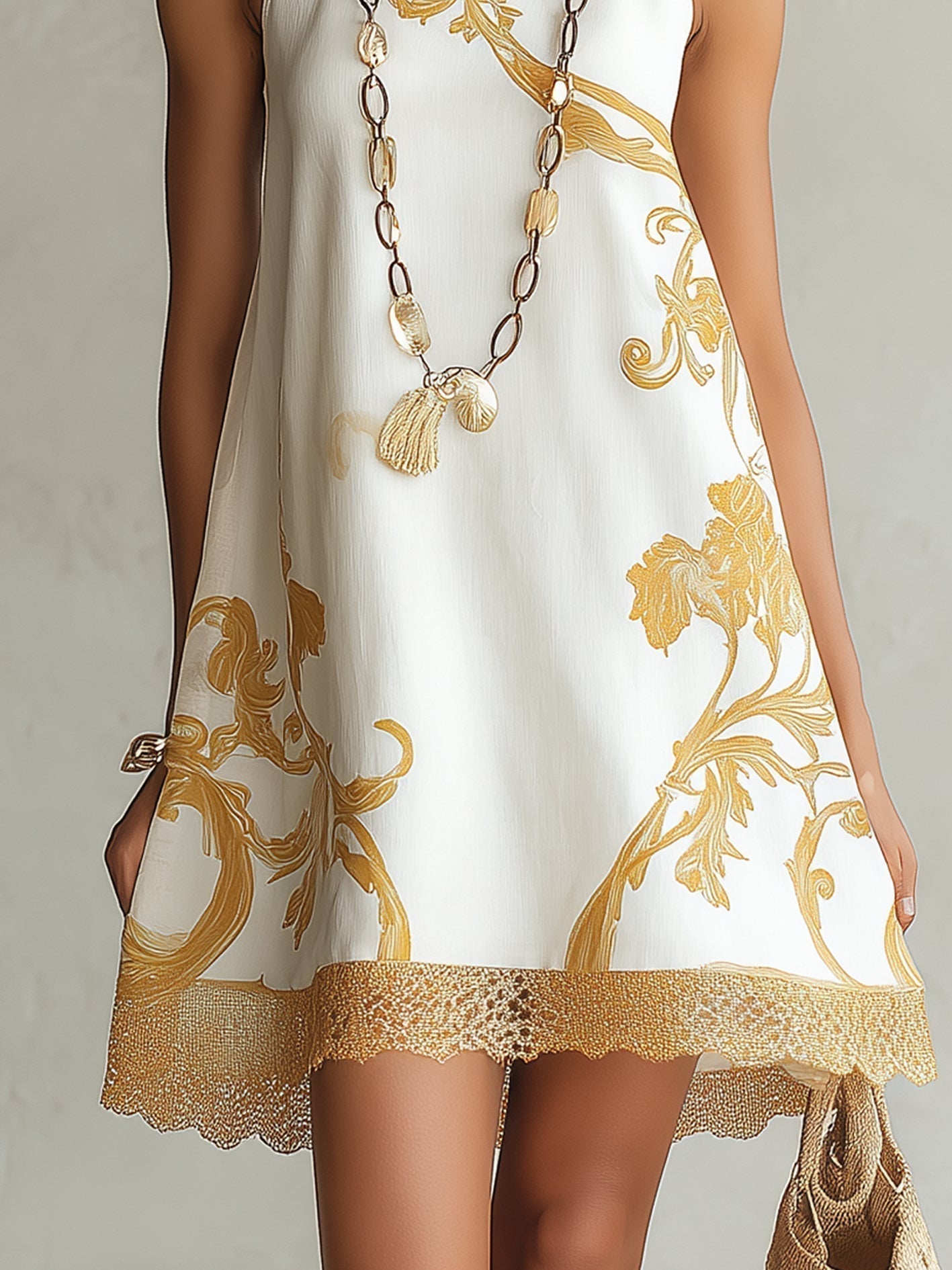 White Lace Mini Dress with Gold Pattern, photo 4
