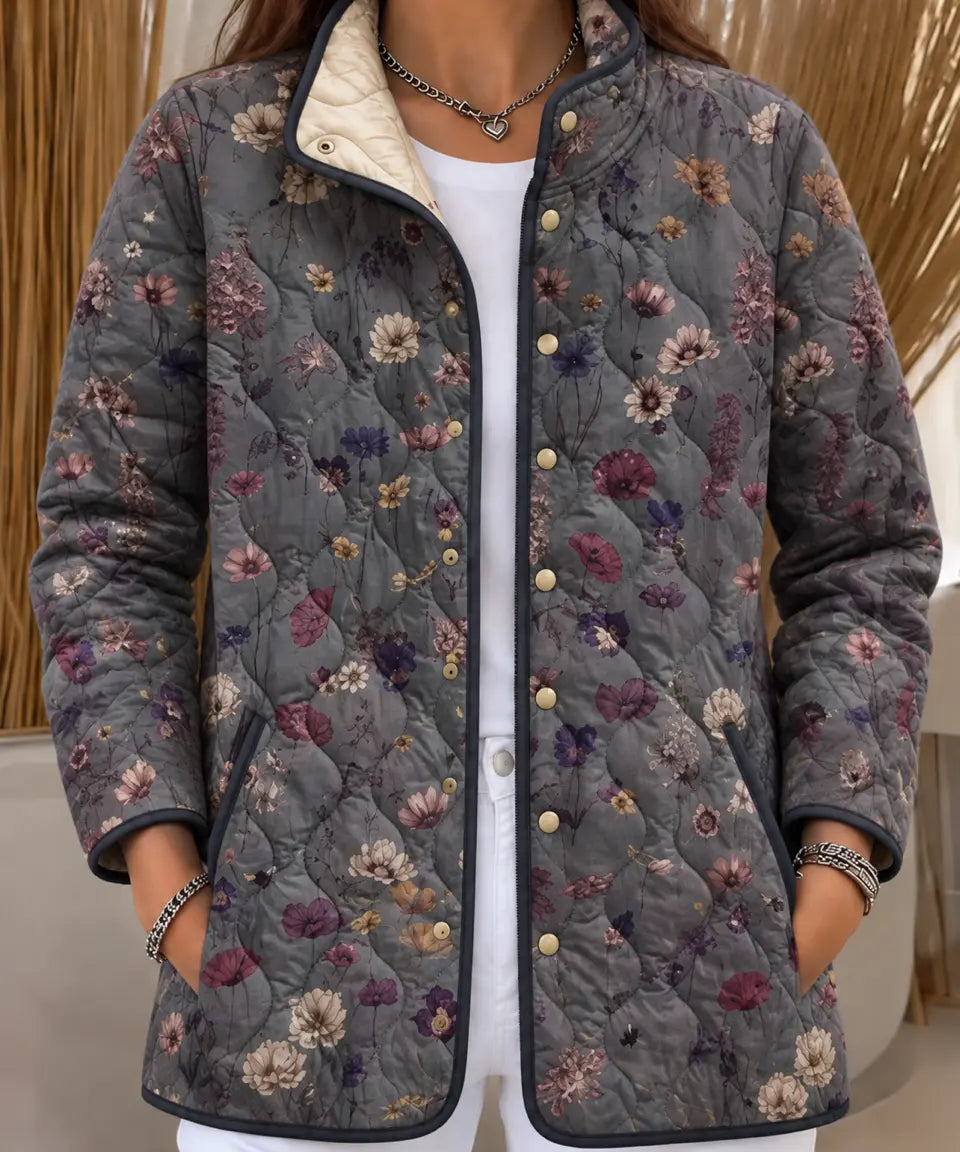 Women's Gray Quilted Jacket with Tiny Florals