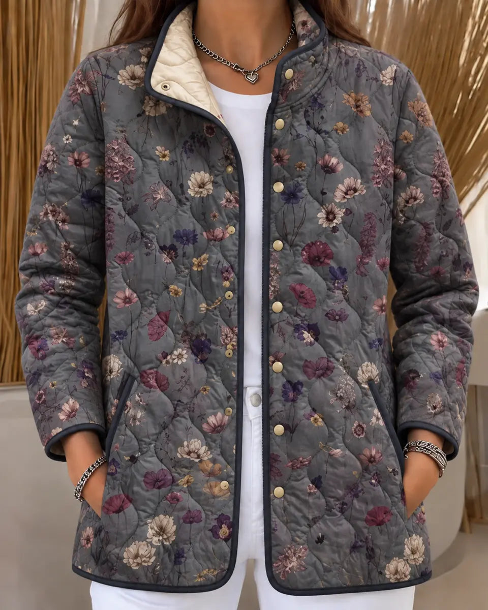 Women's Gray Quilted Jacket with Tiny Florals