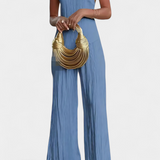 Halter Neck Asymmetrical Top with Wide-Leg Pants Set in Blue