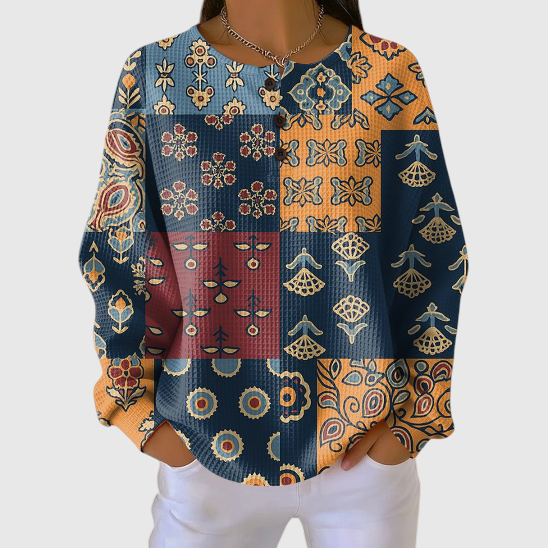 Women's Ethnic Check Floral Print Sweater in Art