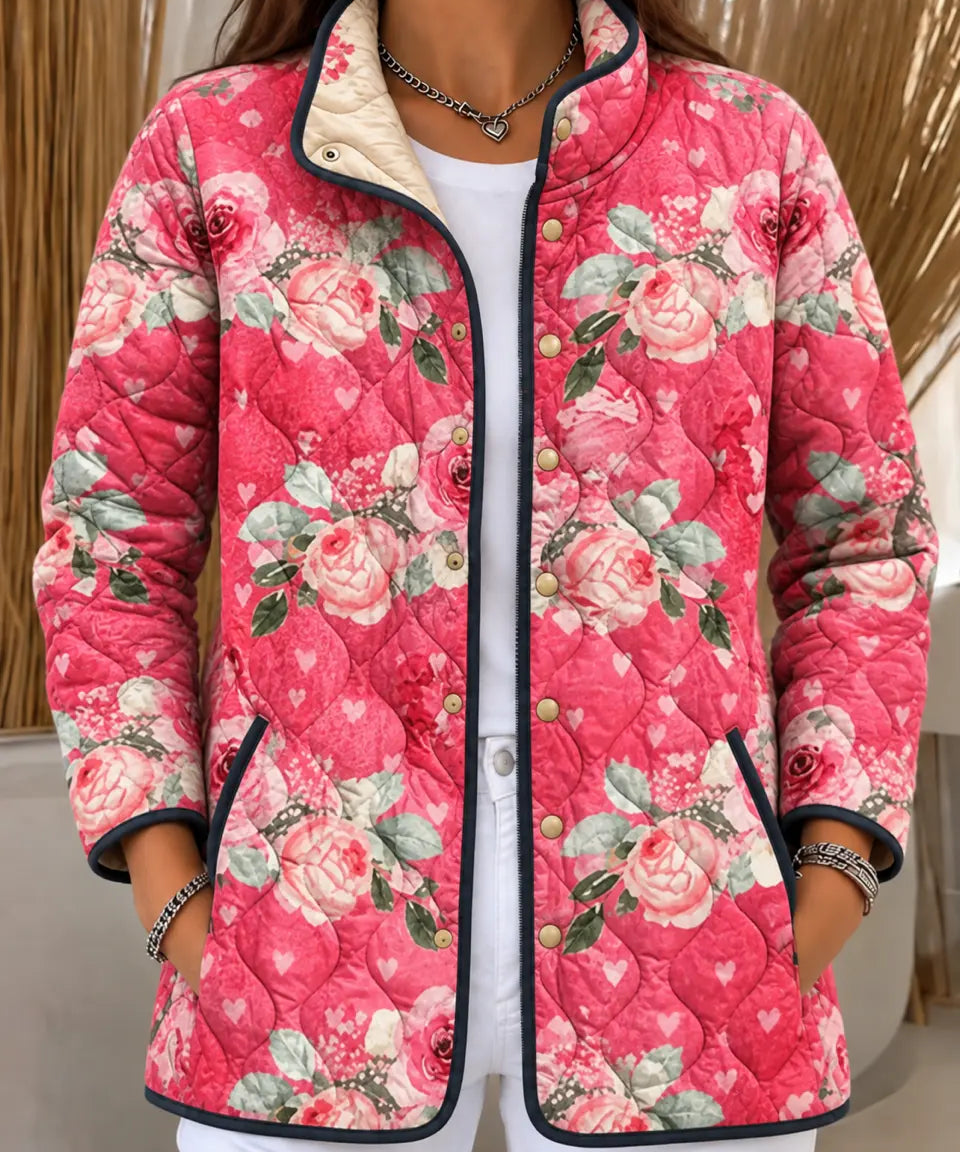 Pink Quilted Jacket with Roses and Hearts