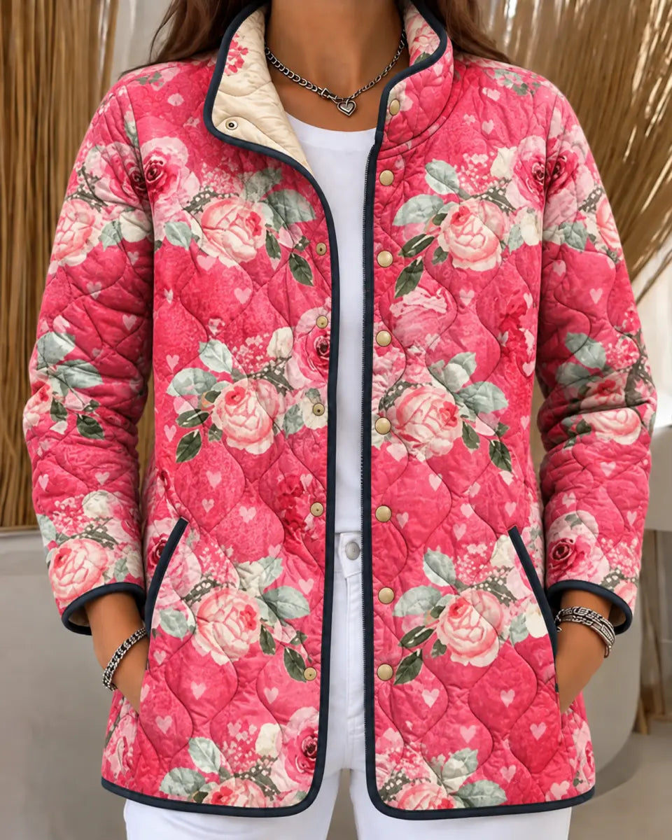 Pink Quilted Jacket with Roses and Hearts