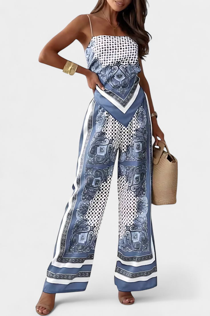 Women's Bandeau Top and Wide-Leg Pants in Light Blue