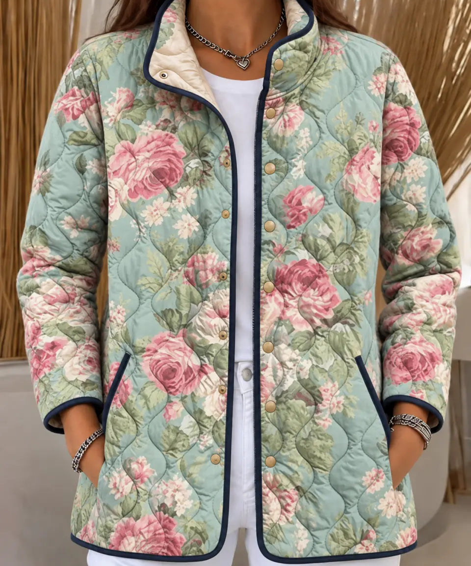 Women's Mint Green Quilted Jacket with Roses