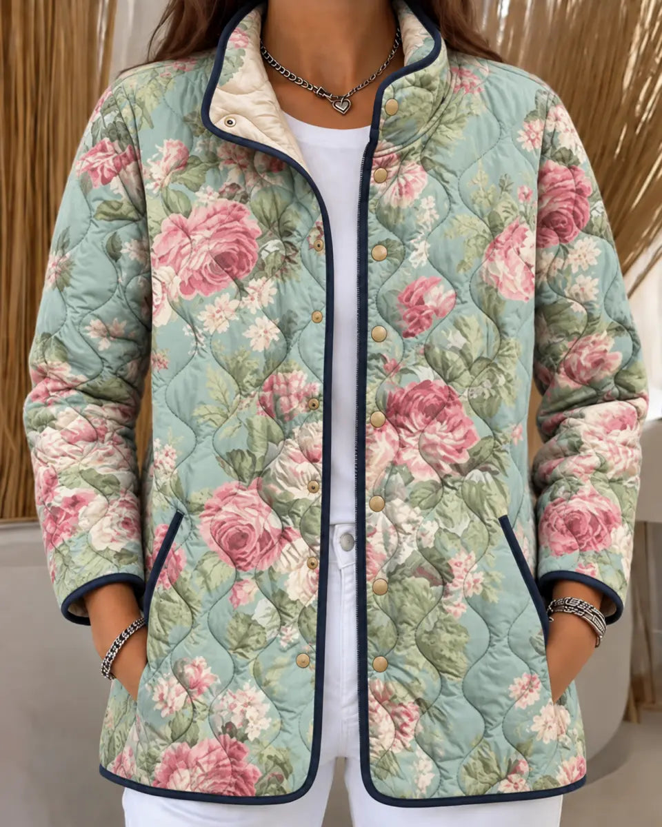 Women's Mint Green Quilted Jacket with Roses