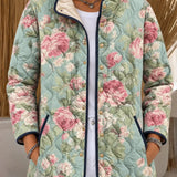 Women's Mint Green Quilted Jacket with Roses