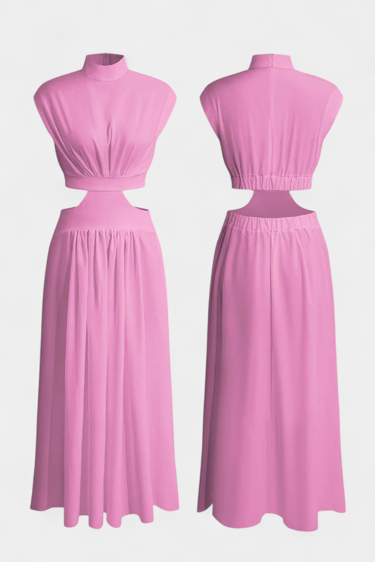 High-Neck Top & Side-Slit Skirt Set in Pink