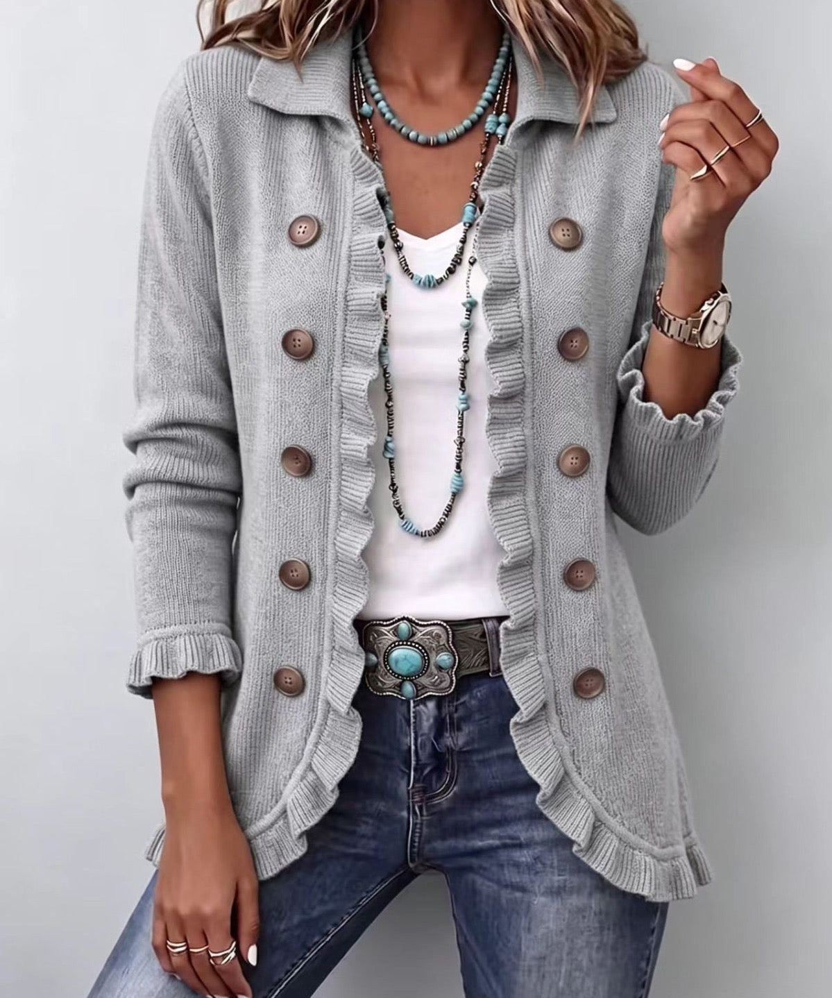 Heather Grey Ribbed Knit Ruffle Jacket