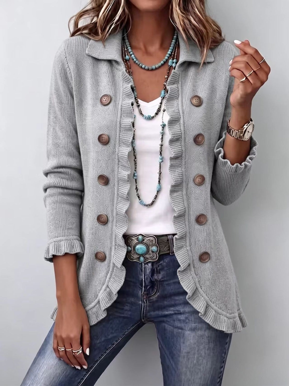 Heather Grey Ribbed Knit Ruffle Jacket