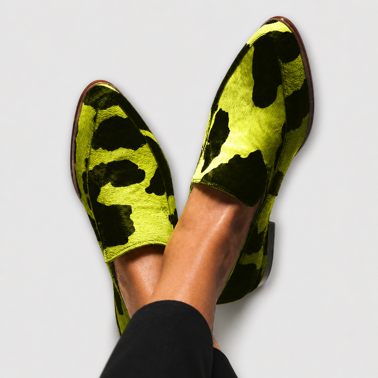Women's Cow Print Loafers in Green