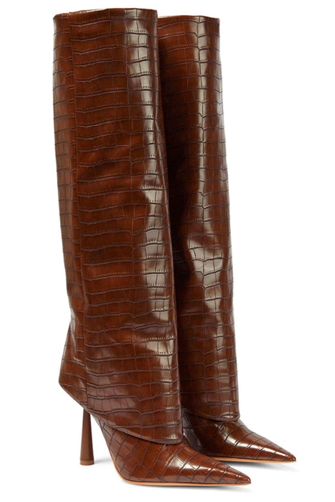 Croc-Pattern High Heeled Boots in Brown